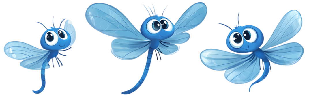 Cute blue dragonflies, cartoon style, large and small, big eyes, friendly expressions, vibrant colors, whimsical design, isolated on transparent background, png