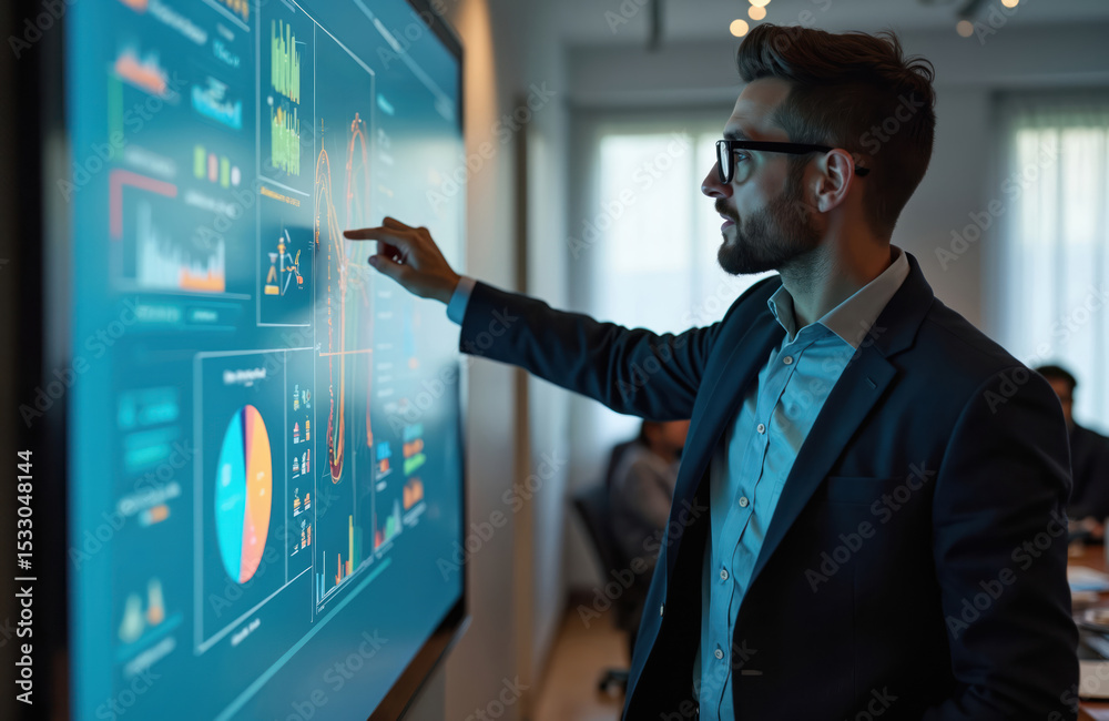 Poster Business man in formal suit points chart data on digital interactive whiteboard screen during business presentation meeting. Speaker explains financial market analytics. Modern business conference