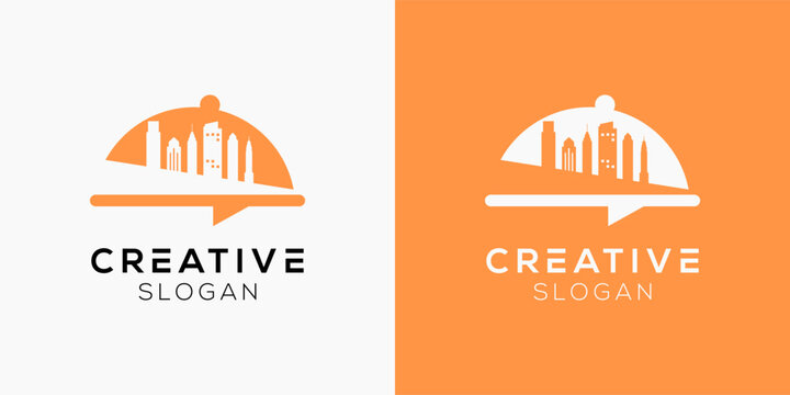 Recipe philadelphia logo design templates. Modern isolated Chef with Skyline philadelphia city symbols for restaurant and food