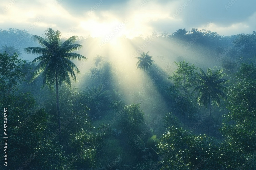 Poster sunlight breaks through the dense forest canopy, casting ethereal rays in the early morning mist nea