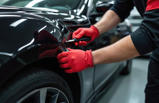 Fototapeta Mechanic repairs car body dent with spotter tool. Worker wearing red gloves fixes dent on a black automobile. Car body repair, automotive, vehicle bodywork.