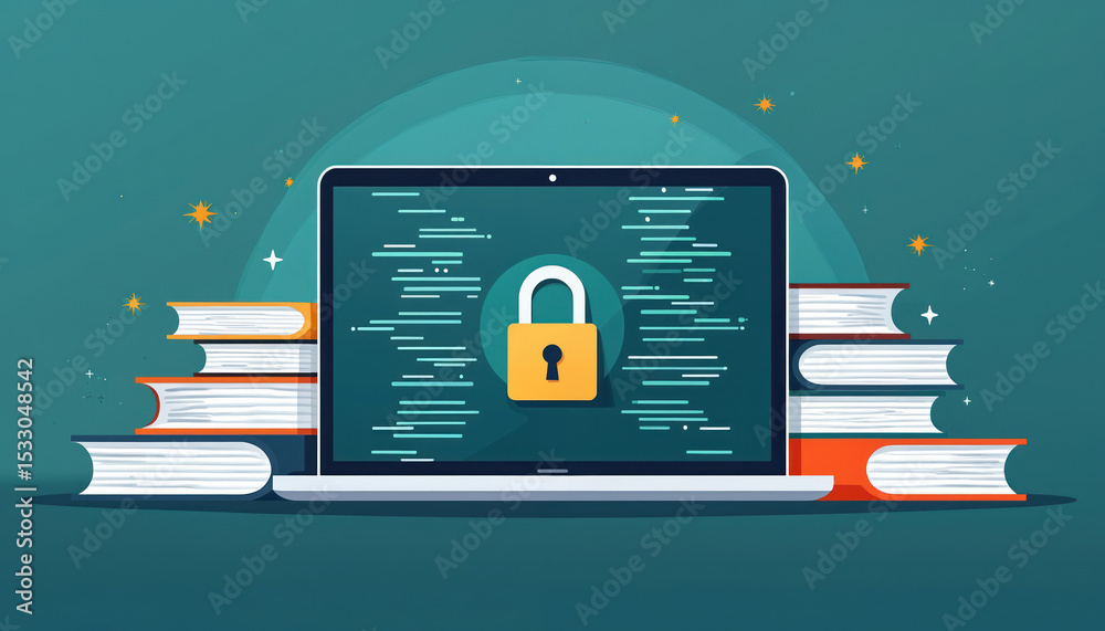 Poster Laptop security lock icon displayed. Books, documents around laptop symbolize cybersecurity, data protection digital learning environment. Encryption, privacy, network safety concepts visualized.