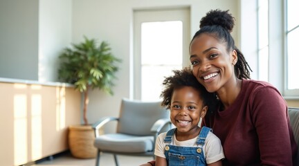 Happy african american mother daughter smiling. Woman and young girl sit in cozy, bright waiting room. Family healthcare, health, medicine concept. Positive emotions.