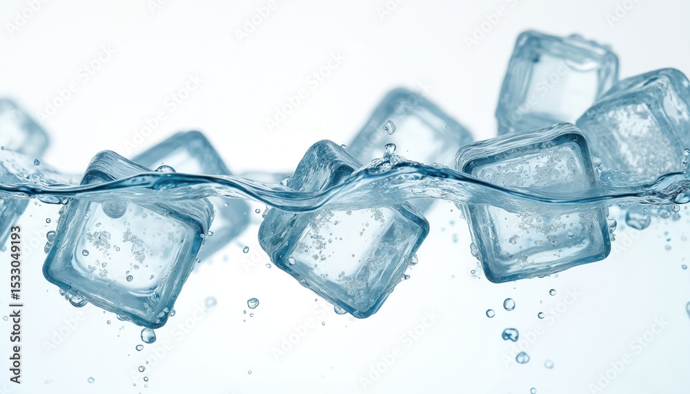 Aufkleber falling ice cubes in water with drops and bubbles. transparent clear ice cubes in motion, floating i