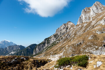 Mountain landscape and blue sky with some clouds. Julian Alps slovenia