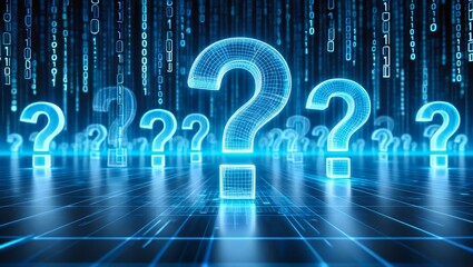 Glowing blue large question marks on a digital grid background.