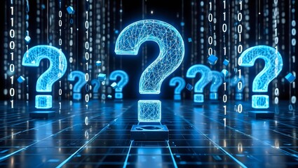 Glowing blue large question marks on a digital grid background.