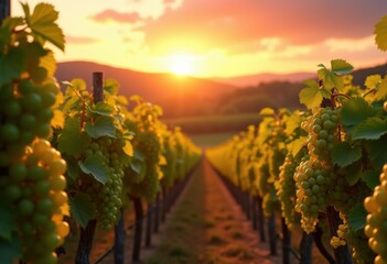 Naklejka premium bottles wine picturesque vineyard sunset golden hour nature beauty grapevine rows distinctive landscape, countryside, field, liquid, glass, sky, cloud