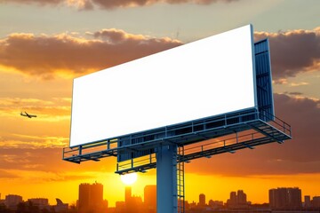 Blank billboard mockup with white screen against cloudy and city at sunset background.