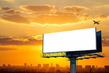Blank billboard mockup with white screen against cloudy and city at sunset background.