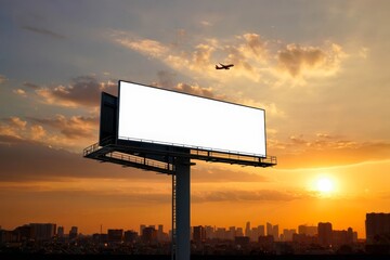 Blank billboard mockup with white screen against cloudy and city at sunset background.