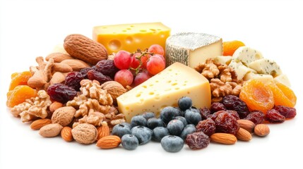 A vibrant assortment of cheeses, nuts, and dried fruits awaits. This colorful spread is perfect for a gathering. Enjoy the rich flavors together. Generative AI