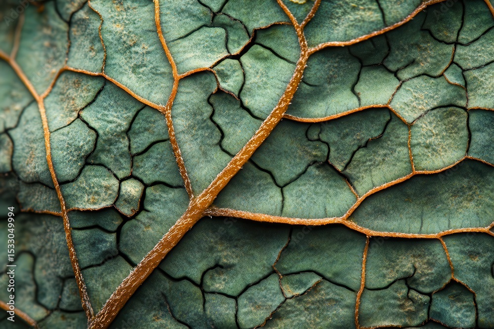 Poster close-up view of a green leaf depicting intricate textures and patterns in a vibrant natural setting