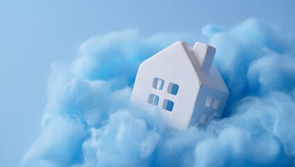 A miniature house surrounded by a soft, fluffy, light blue blanket, symbolizing warmth.