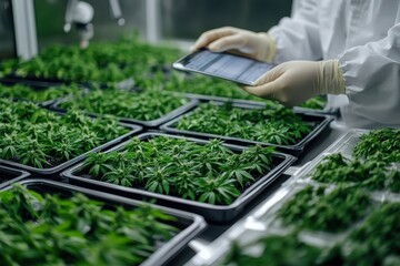 Workers tending to indoor cannabis plants while using tablets in a controlled cultivation environment for optimal growth conditions and monitoring