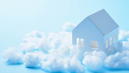 A miniature house surrounded by a soft, fluffy, light blue blanket, symbolizing warmth.