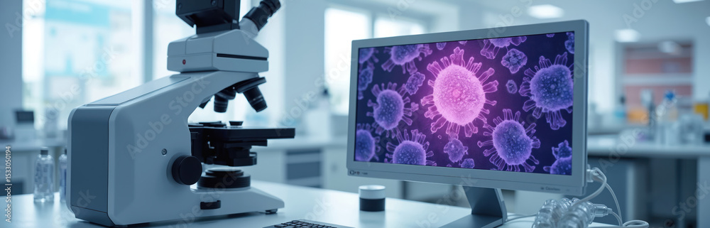 Poster modern lab microscope workstation with monitor displaying virus image. scientific research facility 