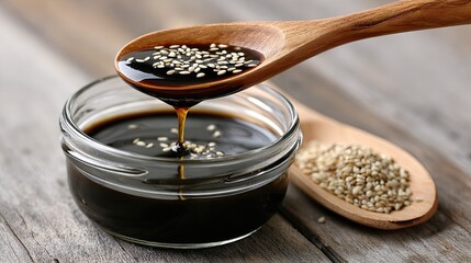 Glossy dark red sweet and smoky sauce with black pepper and spices is being transferred from a wooden spoon into a glass jar