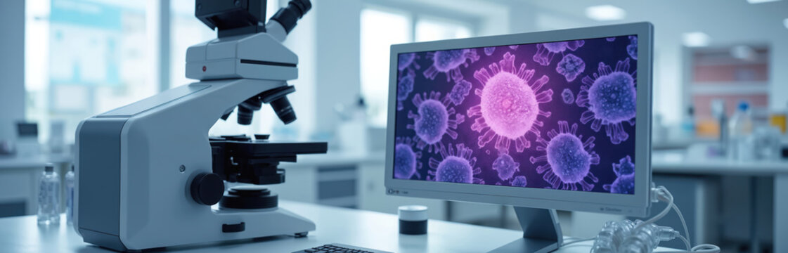 Modern lab microscope workstation with monitor displaying virus image. Scientific research facility with equipment for cell, tissue analysis. Medical tech, bio lab tech concept. Healthcare tech,