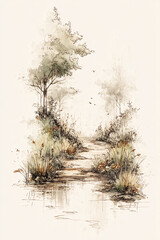 minimal watercolor landscape with puddle and delicate trees, soft nature painting in muted tones conveying calm reflection and rural simplicity in artistic hand drawn forest scene