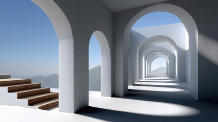 A bright, white curved tunnel allows light to filter through, casting a calming shadow along the smooth concrete floor