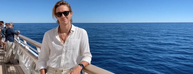 Young man with dark hair smiles at the camera, blending sophistication and relaxation aboard a yacht with ocean backdrop