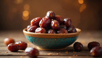 Illustration bowl full of date fruits. Dates represent Ramadan, symbol of islamic tradition and celebration. Healthy snack, middle eastern cuisine, organic food, symbol of iftar meal.