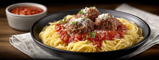 Hearty spaghetti adorned with succulent meatballs, fresh spinach, and a rich sauce, beautifully presented on a dark plate