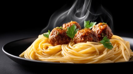 Hearty spaghetti adorned with succulent meatballs, fresh spinach, and a rich sauce, beautifully presented on a dark plate