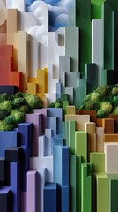Dynamic arrangement of colorful vertical bars and geometric shapes creates an energetic abstract artwork with depth