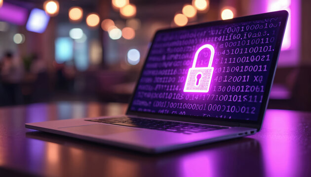Laptop displays purple padlock symbol. Data security, privacy concept. Binary code, firewall protection. Technology, internet, online, access restriction. Secure network, digital safety, cloud