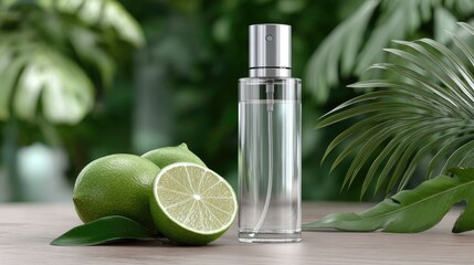 A product bottle for beauty and personal care is displayed with lime and palm leaves, enhanced by a refreshing spray of water