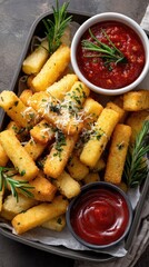 Tofu sticks topped with garlic seeds and maple syrup, accompanied by ketchup and crispy fries in a tray viewed from above