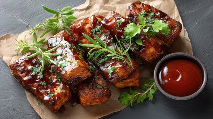Tofu sticks topped with garlic seeds and maple syrup, accompanied by ketchup and crispy fries in a tray viewed from above