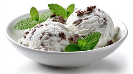 Mint chocolate chip ice cream scoops topped with fresh mint leaves, presented in a white bowl against a clean and bright backdrop