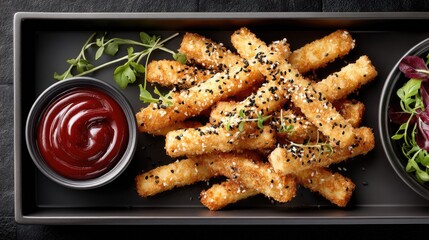 Tofu sticks topped with garlic seeds and maple syrup, accompanied by ketchup and crispy fries in a tray viewed from above
