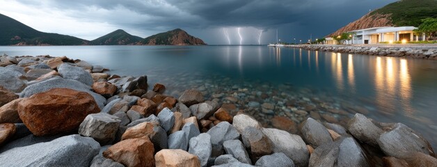 Lightning flashes over seaside rocks, adding to the night's mystery with dark clouds and distant mountains