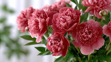 Close-up view of vibrant red peonies revealing detailed petals and contrasting stamens, enhanced by soft sunlight and shadows