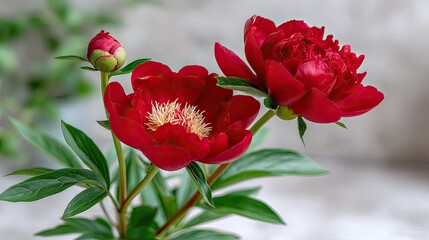 Close-up view of vibrant red peonies revealing detailed petals and contrasting stamens, enhanced by soft sunlight and shadows