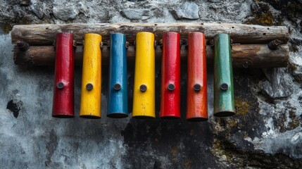 A colorful array of tuned pipes creates vibrant melodies. Each pipe harmonizes with the others. A unique musical instrument for all ages. Generative AI