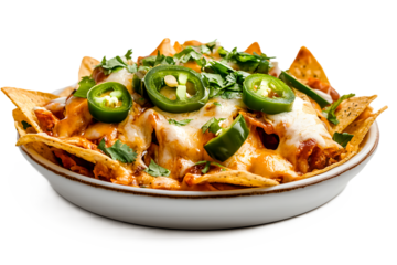 Plate of nachos cheese and jalapeos isolated on white background party food concept for Mexican snack visuals and event branding