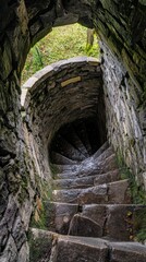 A mesmerizing spiral staircase descending into the unknown. The rugged stone steps evoke curiosity and adventure. Explore the mysterious journey below. Generative AI