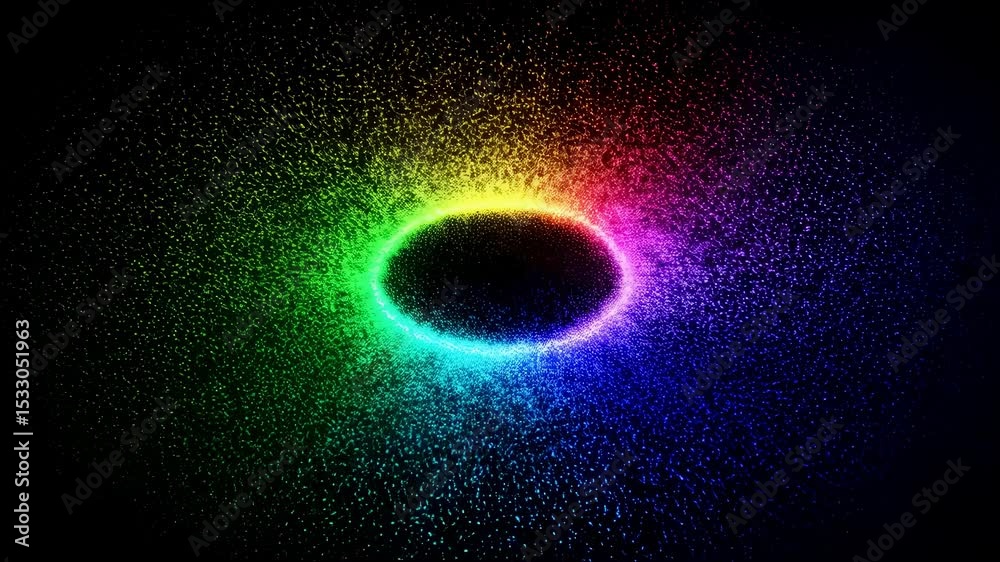 Wall mural abstract shimmering particles forming a colorful neon ring. dynamic motion graphic background for ev