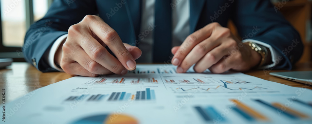Poster close-up of business strategist hands analyzing financial graphs reports on wooden table. business p