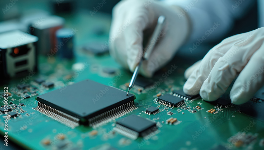 Poster Scientist works on circuit board with microchips. Engineer in white gloves assembles microprocessor in tech lab. Modern equipment, microelectronics development. High tech, future tech, data