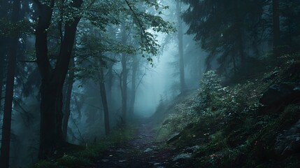 Fototapeta premium Misty trail winding through an ancient, shadowy forest hidden beneath a thick blanket of fog