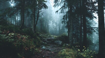 Obraz premium Misty trail winding through an ancient, shadowy forest hidden beneath a thick blanket of fog