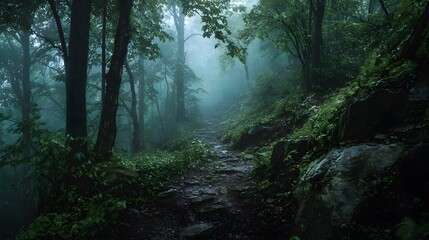 Obraz premium Misty trail winding through an ancient, shadowy forest hidden beneath a thick blanket of fog
