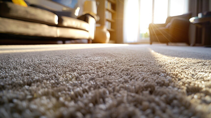 Plush carpet covers the floor in a cozy living room, with sunlight streaming through large windows, enhancing the inviting ambiance and comfort of the space