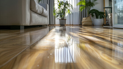 Modern living room interior with polished wooden floor reflecting sunlight, featuring cozy sofa, indoor plants, and large windows creating a warm and inviting atmosphere